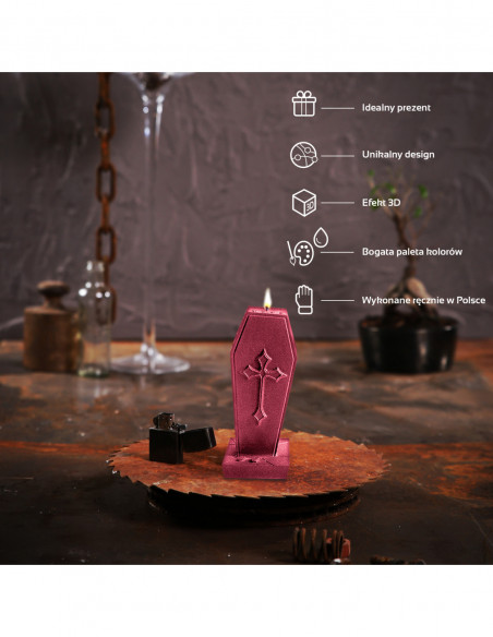 Świeca Coffin with Cross Red Metallic