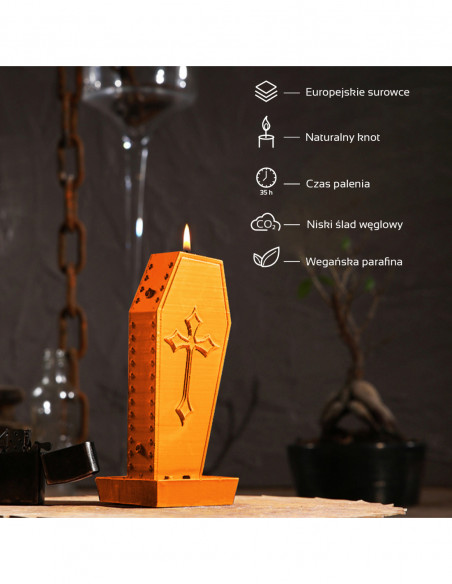 Świeca Coffin with Cross Orange