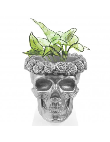 Donica Skull Flowers Silver Poli  11 cm