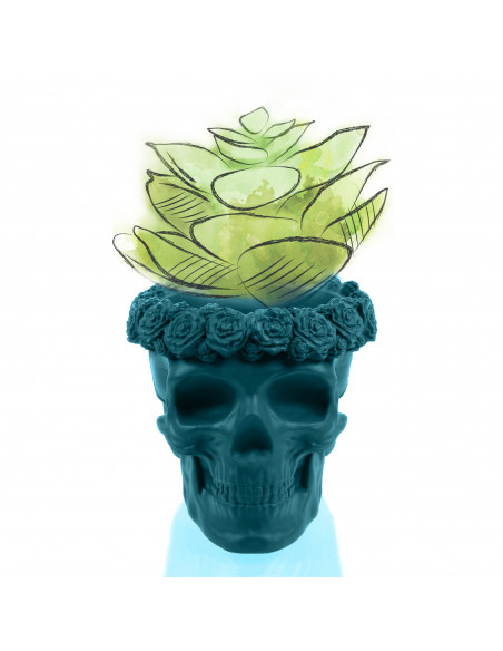 Donica Skull Flowers Dark Turquoise Poli  9 cm